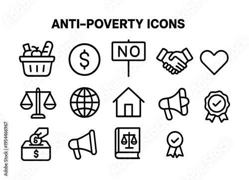 Anti-poverty icons: economic equality, access, empowerment, justice, global awareness