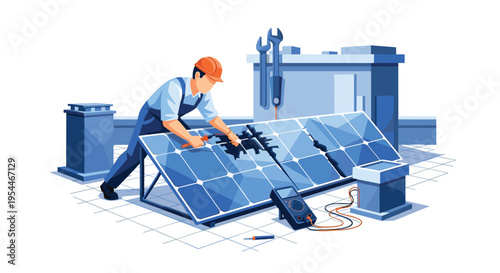 An engineer in a hard hat repairs a damaged solar panel with a multimeter on a rooftop.