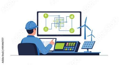 An engineer in a blue hard hat monitors a complex energy grid on a large screen in a control room.