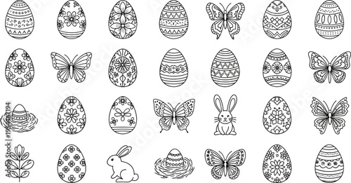 A repeating pattern featuring numerous stylized Easter eggs and butterflies is presented in a simple black and white outline drawing format.