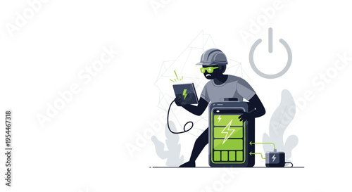 A stylized figure in a hard hat and green glasses charges a large battery with a tablet.