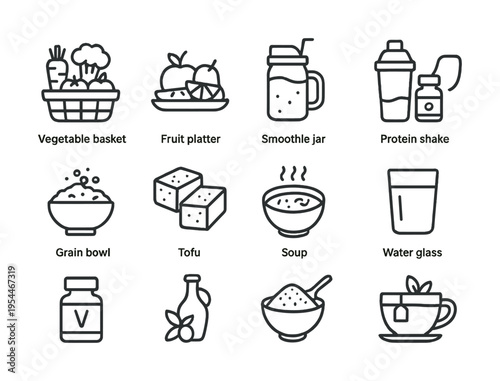 Healthy food and drink icons: vegetables, fruits, smoothie, protein, grains, tofu, soup, water, vitamins, sauce, tea