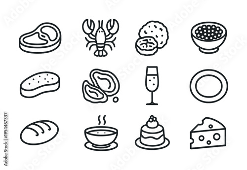 Black and white icons of gourmet food and beverages