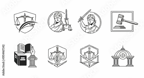 Set of law icons including scales judge gavel justice symbols and legal emblems in black and white line art