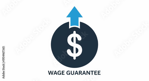 Wage guarantee symbol with dollar sign and upward arrow on dark blue background