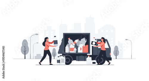 Two women load assorted plastic containers into a recycling truck in front of a monochromatic city skyline.
