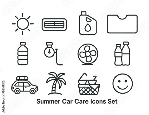 Summer car care icons set with sun, fan, palm tree, and picnic basket symbols