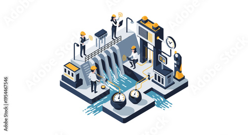 An isometric illustration shows engineers monitoring and working at a hydroelectric dam with flowing water.