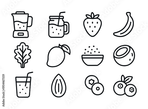 Blender and fruit icons: strawberry, banana, spinach, mango, coconut, smoothie ingredients