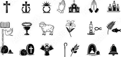 A selection of monochrome silhouette icons featuring traditional Christian religious symbols such as crosses, prayer hands, a lamb, and a church structure are arranged for design use.