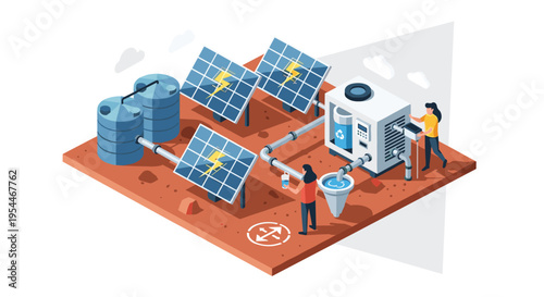 Two women operate a solar-powered water purification system with three solar panels and two storage tanks on a reddish-brown landscape.