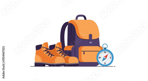 Flat Vector Illustration of Outdoor Hiking Gear Featuring a Backpack, Trekking Boots, and a Navigation Compass for Travel and Adventure