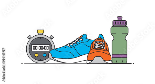 Fitness Gear Set with Running Shoes, Digital Stopwatch, and Water Bottle Vector Illustration for Sports and Exercise Concept
