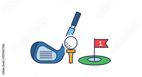 Flat Vector Illustration of Golf Club, Ball on Tee, and Hole with Numbered Flag