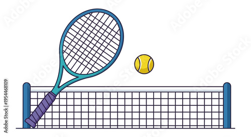 Vector Illustration of Tennis Racket, Ball, and Net Isolated on White - Sports and Fitness Equipment Concept for App Design, Web, and Print