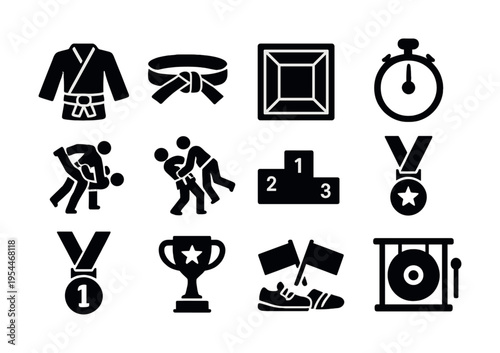 Martial arts icons: belt, competitions, awards, training gear, trophies