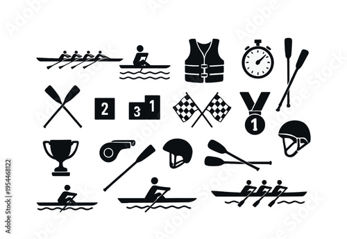 Rowing and racing icons set: boats, paddles, helmets, trophies, and more