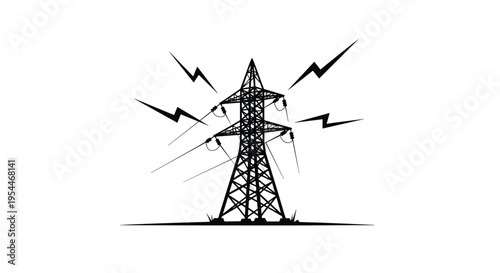 A stark black silhouette of a tall electricity pylon stands centrally against a pure white background with four lightning bolts.