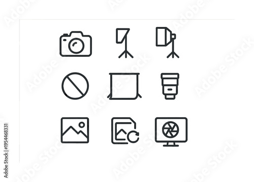Photography equipment icons: camera, lighting, editing tools