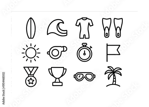 Icon set: surfboard, wave, wetsuit, flippers, sun, whistle, stopwatch, medal, trophy, goggles, palm tree