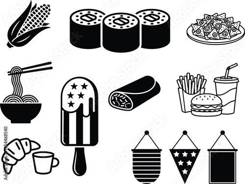 Black and white food including sushi burrito burger fries ice cream