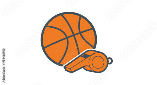 Basketball and Referee Whistle Vector Illustration - Sports Coaching and Competition Equipment Icon Isolated on White Background
