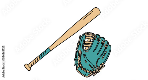 Minimalist Flat Vector Illustration of a Wooden Baseball Bat and Teal Catcher's Mitt Isolated on White