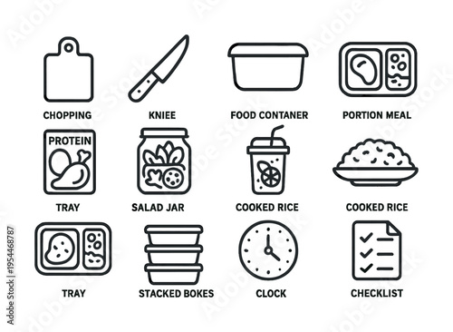 Cooking and storage: chopping board, knife, containers, and meal prep icons