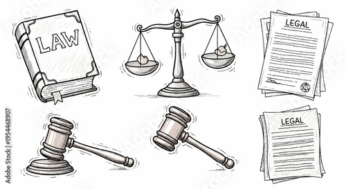 Law and justice symbols including gavel scales legal documents and law book on white background