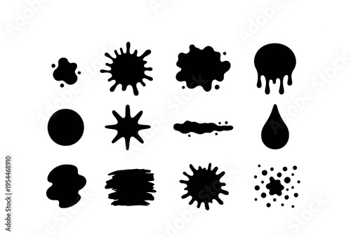 Collection of black ink splats and blots on white background
