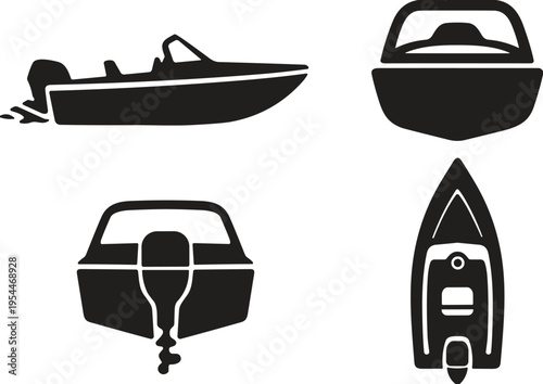 Motorboat and speedboat icons set vector illustration marine transport silhouettes boating symbols nautical vehicle collection isolated on light background travel watercraft design