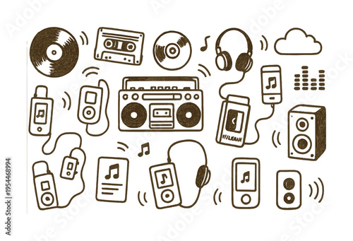 Retro music devices: headphones, boombox, cassette player, vinyl records, speakers
