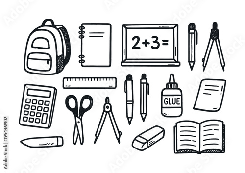 Hand-drawn school supplies illustration featuring calculator, backpack, and geometry tools