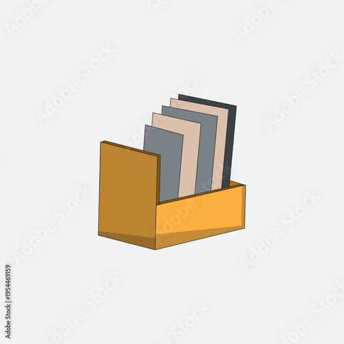 Minimalist vector illustration of a file holder with organized documents, representing office organization, document management, paperwork storage, business workflow, and productivity systems.