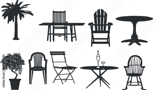Outdoor furniture silhouettes collection with chairs, tables, palm tree and plant pot, garden patio elements set, black vector icons isolated