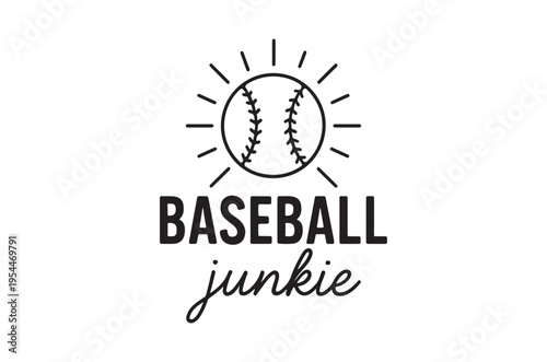 A black and white baseball graphic with sun rays and text below