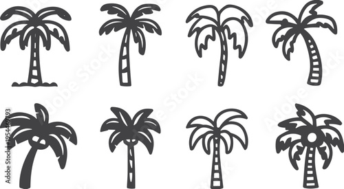 Palm tree icon set tropical beach tree silhouettes and outline illustrations collection summer island nature symbols for travel vacation design vector