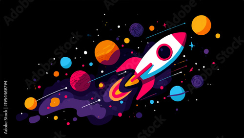 Vector illustration of a colorful rocket ship in space with planets