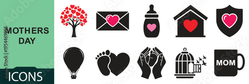 Family love care happy mothers day mom and cute baby vector icon set collection for special holiday celebration