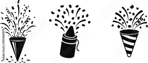 Party popper and confetti cannon silhouette icons set for celebration, festival, birthday and event decoration, festive explosion elements vector illustration collection