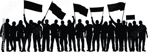 PrintCrowd protest with flags, people demonstration rally activism social movement unity revolution silhouette concept
