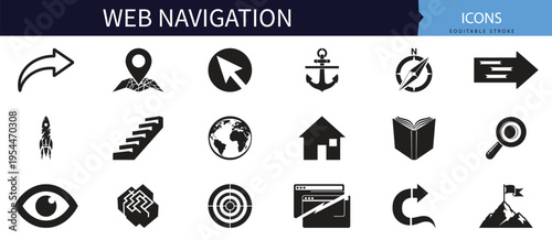 Web navigation user interface menu location map pin and internet browser vector icon pack bundle for modern websites