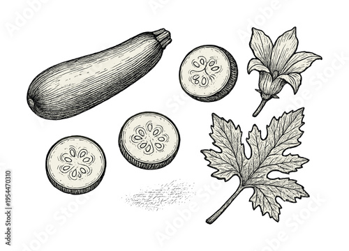 Detailed black and white illustration of zucchini with slices, flower, and leaf