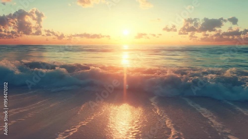 Golden Sunset Over Gentle Ocean Waves, Peaceful Beach Scenery, Serene Nature