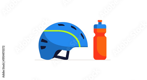 Blue Bicycle Helmet and Orange Water Bottle Vector Illustration - Cycling Gear for Safety and Hydration