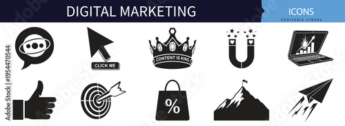 Digital marketing social media target strategy and online business promotion vector icon set collection for modern internet campaigns