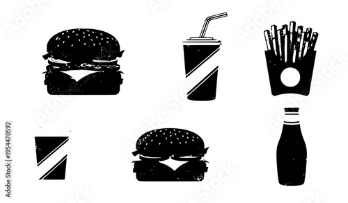 Retro Distressed Fast Food Icons Set with Burger Fries Soda and Ketchup Bottle Vintage Vector Elements