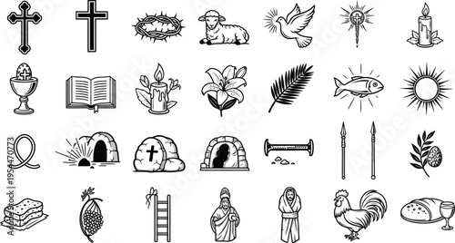 A collection of black and white religious icons represents core symbols associated with Christian faith and observances.
