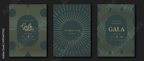 Gala night invitation vector with teal blue and muted gold geometric line pattern. Elegant luxury design for wedding stationery, premium event card, brand gala, and celebration.