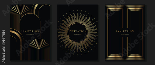 Gala invitation vector with black background and luminous gold arch, sunburst, and frame elements. Elegant luxury design for wedding card, premium celebration, and luxury brand event.